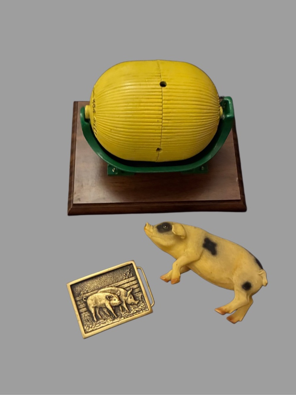 Antique Miniature Hog Oiler, pig belt buckle, and plastic pig